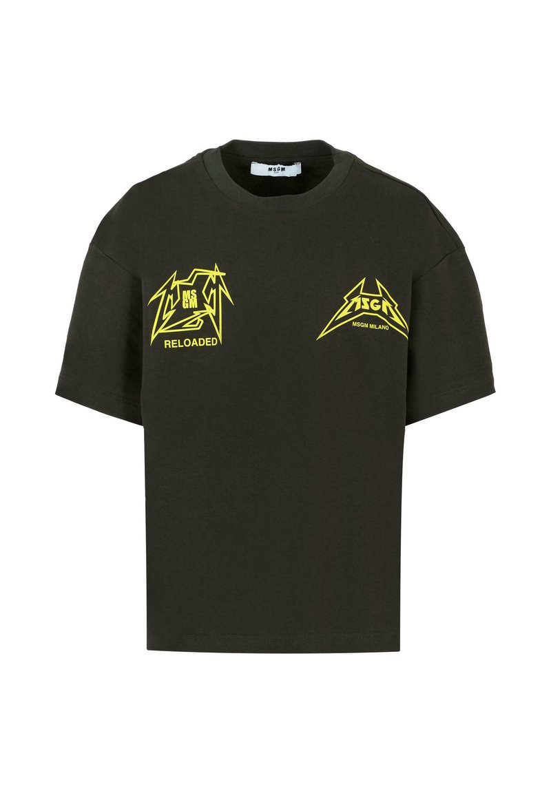 Czarny T-shirt z krótkim rękawem z żółtymi graficznymi logo i napisem "MSGM RELOADED" oraz "MSGM MILANO" na piersi.