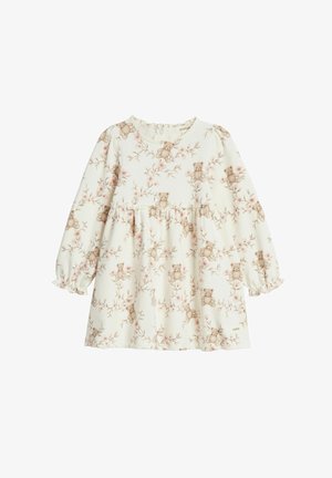 Beiges langärmeliges Kleid mit Blumen- und Teddybär-Print, Rüschenärmeln und tailliertem Schnitt. Weicher Stoff mit glatter Textur.