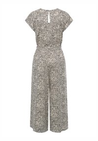 Blomstermønstret jumpsuit i sort og beige. Letvægtsstof, korte ærmer og detalje med nøglehul i ryggen. Bred ben silhuet med flared stil.
