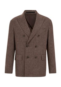 Blazer marron croisé à six boutons, revers crantés, deux poches à rabat et une poche poitrine passepoilée, tissu texturé avec doublure intérieure lisse.