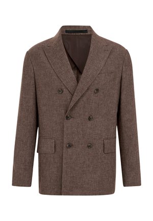 Rjavi dvogumbni blazer z ovratnikom z režo, šestimi gumbi, dvema žepoma s pokrovom in prsnim žepom, tkanina z teksturo, gladka notranja obloga.
