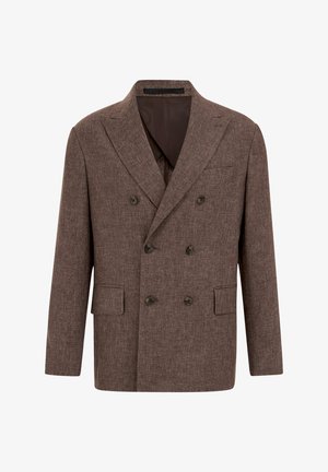 Rjavi dvogumbni blazer z ovratnikom z režo, šestimi gumbi, dvema žepoma s pokrovom in prsnim žepom, tkanina z teksturo, gladka notranja obloga.
