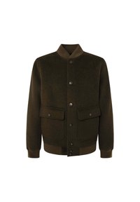 Dark green wool jacket with a round neckline, button closure, two front pockets, and ribbed cuffs and hem. Smooth texture, casual design.