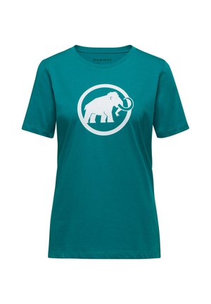 Türkises T-Shirt aus Baumwolle mit rundem Ausschnitt. Auf der Vorderseite befindet sich ein weißes Mammut-Logo in einem kreisförmigen Umriss. Mit kurzen Ärmeln.