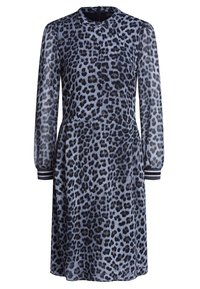 Sukienka o długości do kolan z długim rękawem, w czarne i szare cętki lamparta, z zapięciem na guziki z przodu, okrągłym dekoltem i elastycznymi paskami w paski na mankietach.