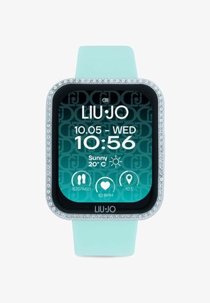 Smartwatch con quadrante rettangolare, dettagli in cristallo chiaro, cinturino in silicone turchese e display digitale che mostra ora, data e condizioni meteo.