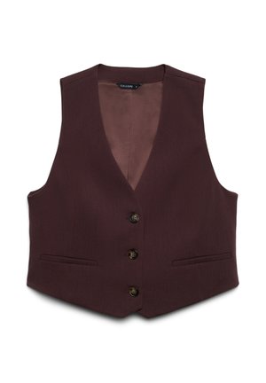 Gilet bordeaux con scollo a V, chiusura con cinque bottoni e due tasche frontali; realizzato in tessuto strutturato con fodera interna liscia.