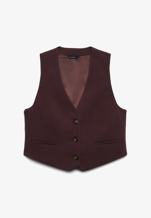 Gilet bordeaux con scollo a V, chiusura con cinque bottoni e due tasche frontali; realizzato in tessuto strutturato con fodera interna liscia.