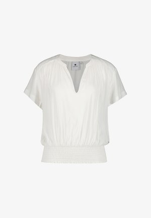 Bílý krátký rukáv top s V výstřihem, smockovaným pasem a řasením na ramenou, vyrobený z měkké tkaniny s hladkou texturou.