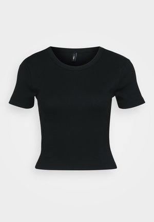Svart kortärmad t-shirt, ribbad textur, rund halsringning, figurnära siluett och inga synliga mönster eller detaljer.