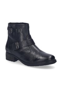 Stivale alla caviglia in pelle nera con zip laterale, due fibbie, punta rotonda e tacco basso a blocco. Texture liscia con sottili dettagli di cucitura.