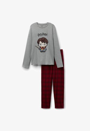 Gray long-sleeve pajama top featuring a cartoon character with glasses and a wand, paired with red plaid pants. Soft cotton blend material.