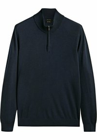 Navyblauer Pullover mit einem hohen Kragen und kurzem Reißverschluss vorne, aus einem weichen Stoff mit langen Ärmeln und geripptem Bund.