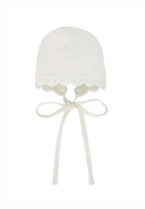 Cappellino da neonato lavorato a maglia bianco con bordo scallop, legami sotto il mento per una vestibilità sicura, caratterizzato da un motivo testurizzato su tutta la superficie.