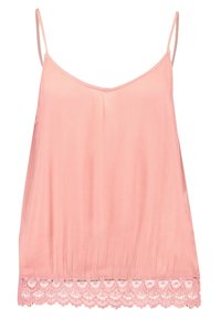 Camisola rosa chiaro con spalline sottili, caratterizzata da un tessuto testurizzato e un bordo decorativo in pizzo all'orlo.