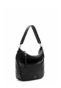 Musta nahkainen olkalaukku, jossa kaareva muotoilu, vetoketjullinen avaus ja irrotettava olkahihna. Sileä pinta hopeisella logodetaljilla.