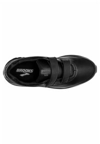 Schwarzer Sportschuh mit strukturiertem Synthetik-Obermaterial, doppelt verstellbaren Klettverschlüssen und gepolstertem Fußbett mit dem "Brooks"-Logo.