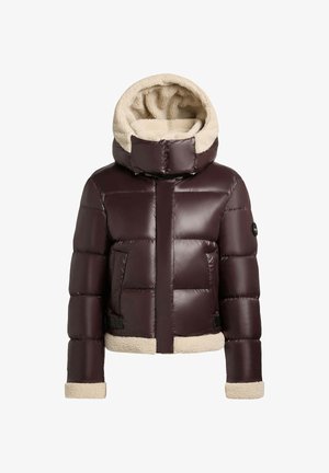 Puffer jacket in dark burgundy with a plush beige hood and cuffs. Features a zip front, horizontal quilted pattern, and two front pockets.