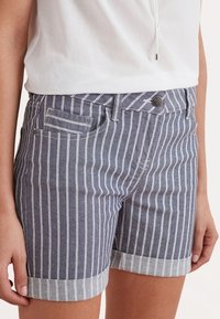 Pantalones cortos de mezclilla a rayas azul y blanco con dobladillos enrollados, que cuentan con un bolsillo frontal y un cierre con botón de metal. Textura suave.
