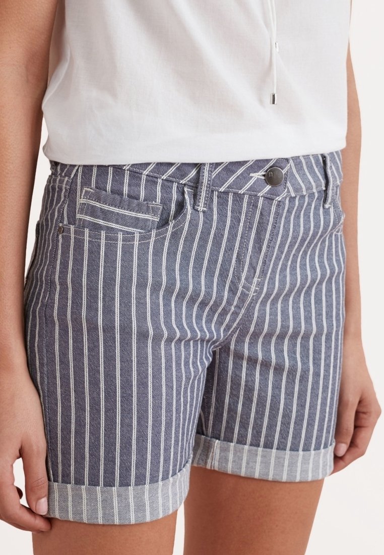 Pantalones cortos de mezclilla a rayas azul y blanco con dobladillos enrollados, que cuentan con un bolsillo frontal y un cierre con botón de metal. Textura suave.