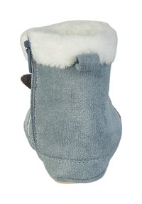 Hellblaues Wildleder-Winterstiefel mit weißem, flauschigem Fleece-Innenfutter und einem Reißverschluss an der Seite, von hinten gezeigt.