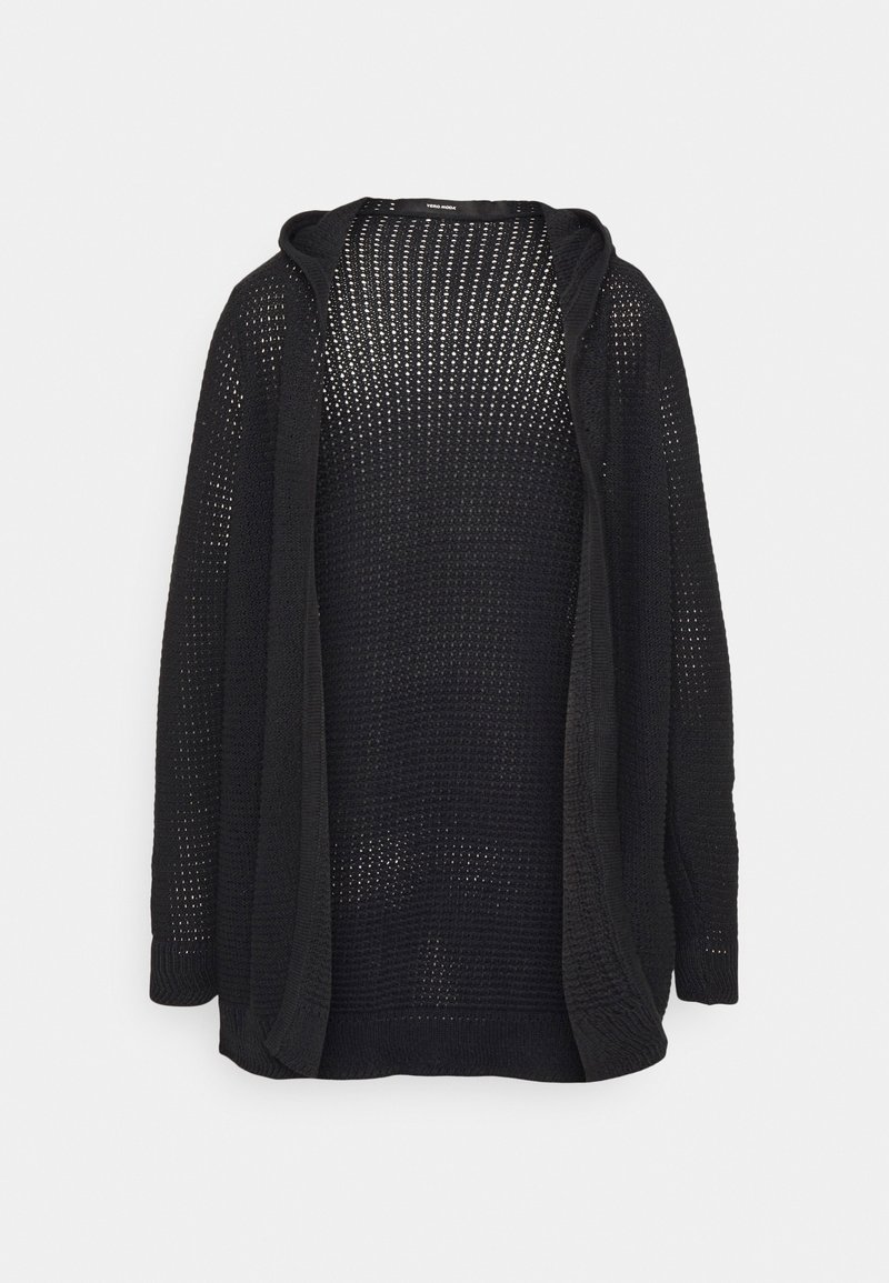 Cardigan noir à ouverture frontale, tricoté avec manches longues et capuche, présentant un tissage ample et respirant.