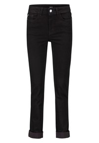 Černé džínové kalhoty s rovný střih, ohrnuté spodní okraje, přední kapsy a zapínání na knoflík. Hladká textura a minimalistický design.