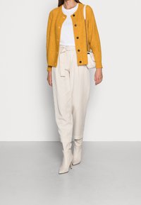 Gul stickad cardigan, vit t-shirt, krämfärgade högmidjade byxor och krämfärgade ankelstövlar med spetsig tå. Liten vit väska med kedjesnor.