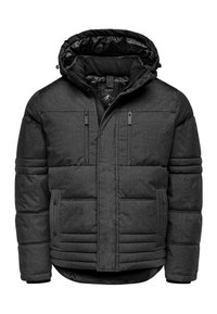 Black insulated jacket with a zip closure, adjustable hood, and two zippered chest pockets. Features quilted design and ribbed cuffs.