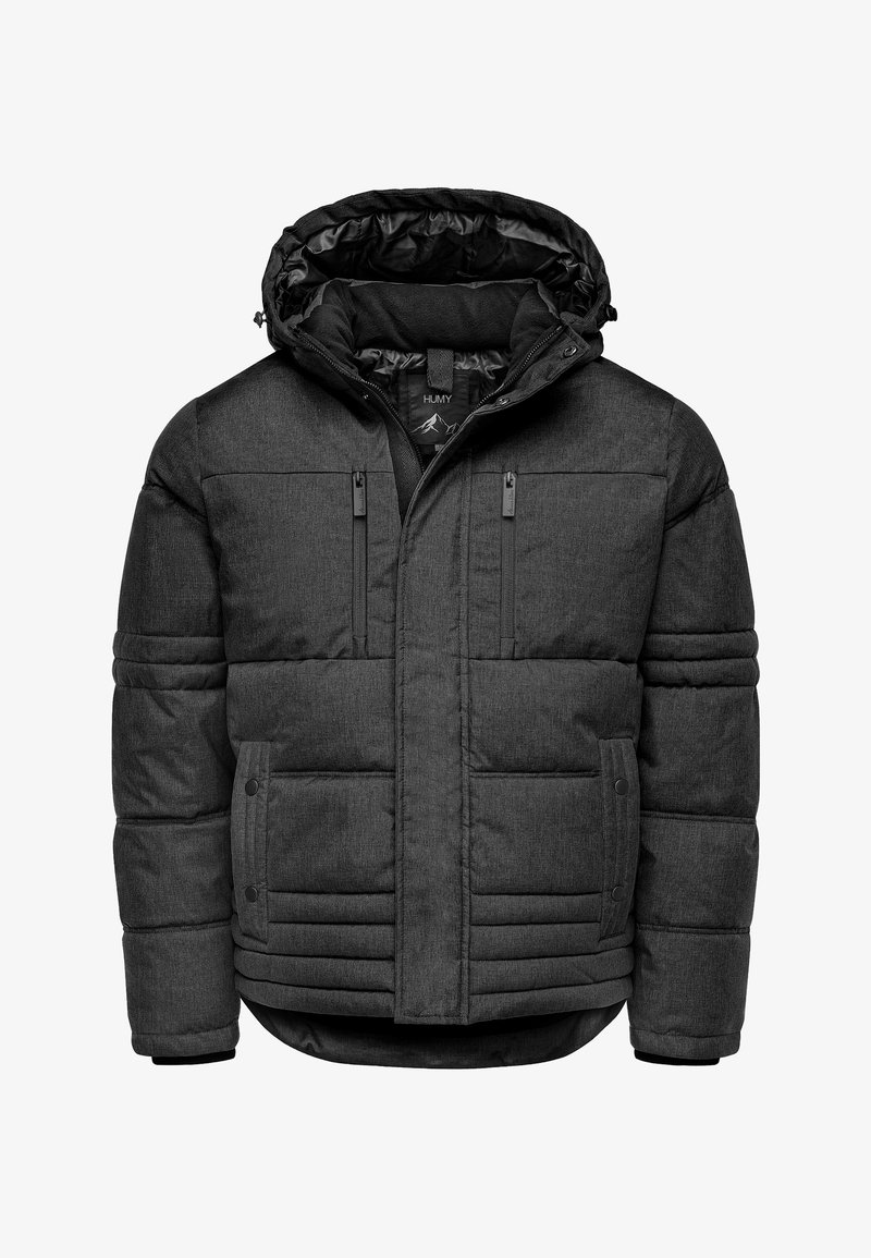 Black insulated jacket with a zip closure, adjustable hood, and two zippered chest pockets. Features quilted design and ribbed cuffs.