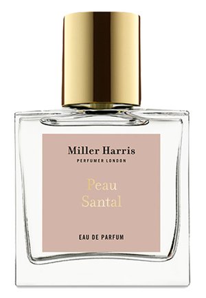 Klares Glas-Parfumfläschchen mit goldenem Deckel, beschriftet mit "Miller Harris Peau Santal Eau de Parfum" auf beigem quadratischem Hintergrund.