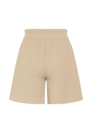 Pantaloni scurți bej cu talie înaltă, cu talie elastică adunată și țesătură texturată, ușoară, afișați fără fundal sau model.