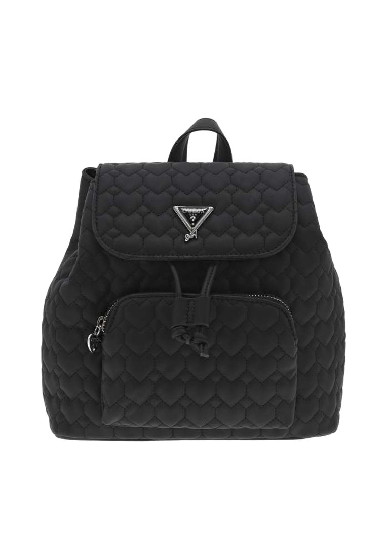 Zaino nero trapuntato con chiusura a pattina, tasca frontale con zip e hardware argentato. Texture a motivo cuore su tutta la superficie.