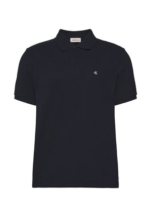 Black short-sleeve polo shirt with two-button placket and small white Calvin Klein "CK" logo on left chest.
