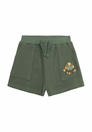 Pantaloni corti verdi a trama waffle con vita regolabile. Presentano due tasche laterali e un patch ricamato colorato che recita "WILD AND FREE".