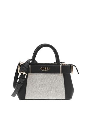 Sac à main en simili cuir noir avec un panneau texturé gris. Dispose de deux poignées supérieures, d'une bandoulière amovible et de quincaillerie dorée.
