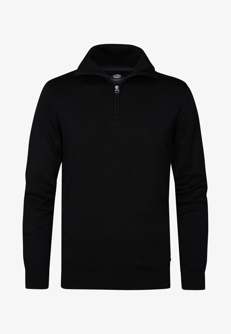 Schwarzer Zip-Kragen-Pullover aus weichem Stoff. Verfügt über einen gerippten Kragen und Bündchen, mit glatter Textur und minimalistischem Design.
