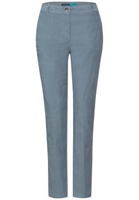 Lichtblauwe, slim-fit broek met een vlakke voorkant, voorzakken en een enkele knoopsluiting. Gemaakt van een gladde, zachte stof met een minimale textuur.
