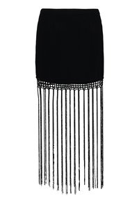 Jupe noire avec une partie supérieure lisse et un ourlet à franges composé de fines mèches tissées, créant un aspect texturé et superposé.