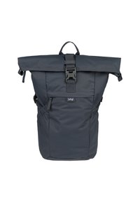Dunkelgrauer Rolltop-Rucksack aus strapazierfähigem Stoff, mit stabiler Schnallenverschluss, Seitentaschen und verstellbaren Trägern.