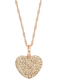 Collana in oro rosa con catena intrecciata e pendente a forma di cuore incastonato con piccole gemme gialle brillanti.