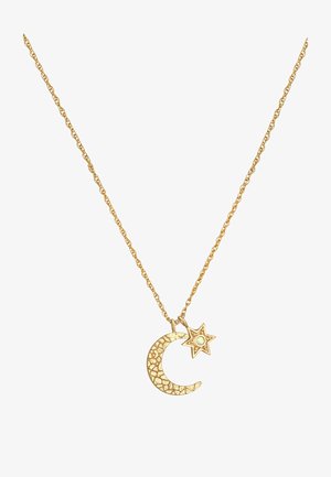 Ogrlica zlatne boje s privjeskom u obliku polumjeseca i zvijezde, složenim teksturiranim detaljima i malim opalescentnim kamenčićem.
