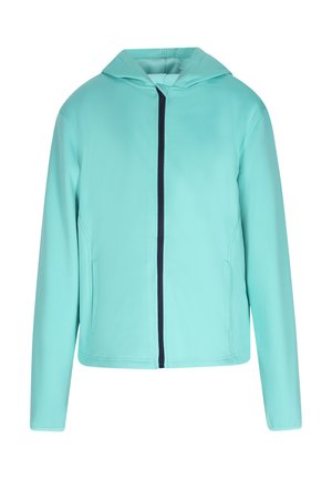Turkis zip-up hættetrøje med en glat tekstur, der har en marineblå lynlås og sidelommer. Simpelt design med lange ærmer.