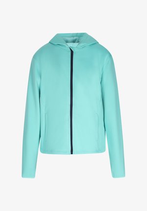 Türkise Kapuzenjacke mit Reißverschluss und glatter Textur, ausgestattet mit einem navyblauen Reißverschluss und seitlichen Taschen. Schlichtes Design mit langen Ärmeln.