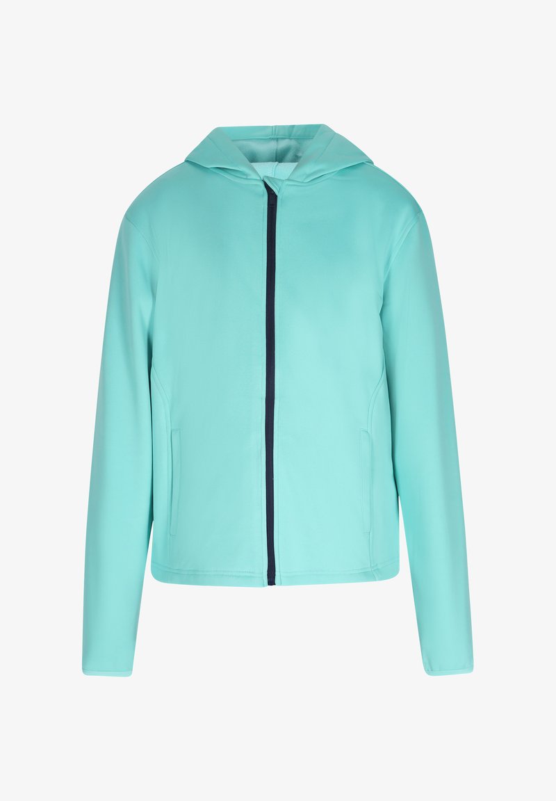 Turkis zip-up hættetrøje med en glat tekstur, der har en marineblå lynlås og sidelommer. Simpelt design med lange ærmer.