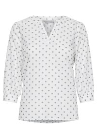 Blusa bianca con scollatura a V, maniche 3/4 e piccoli motivi floreali blu navy. Realizzata in un tessuto morbido e strutturato.