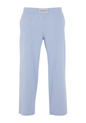 Pantalons de pyjama bleu clair avec un motif à rayures verticales, en tissu doux, dotés d'une taille élastique et d'un design à jambes larges.