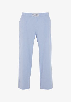 Pantalons de pyjama bleu clair avec un motif à rayures verticales, en tissu doux, dotés d'une taille élastique et d'un design à jambes larges.