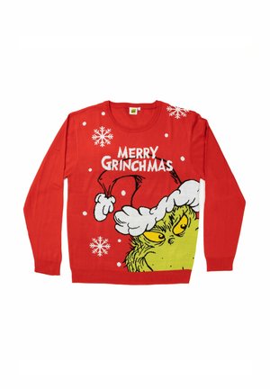 Pullover rosso lavorato a maglia con il volto del Grinch, la scritta "MERRY GRINCHMAS" e motivi di fiocchi di neve bianchi. Tessuto morbido dai colori vivaci.