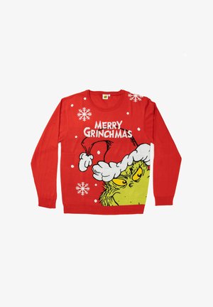 Pullover rosso lavorato a maglia con il volto del Grinch, la scritta "MERRY GRINCHMAS" e motivi di fiocchi di neve bianchi. Tessuto morbido dai colori vivaci.